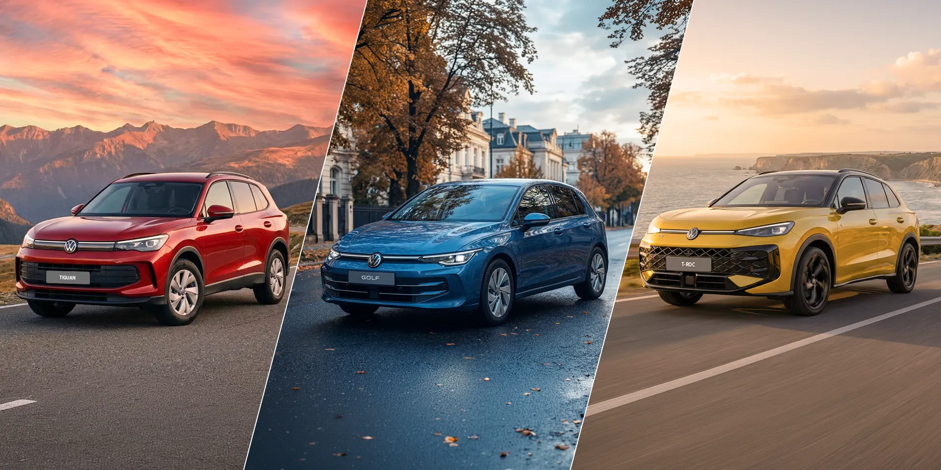 [AI-generated] – Banner Volkswagen cu modelele Tiguan, Golf și T Roc, prezentate în decoruri montane, urbane și de coastă.