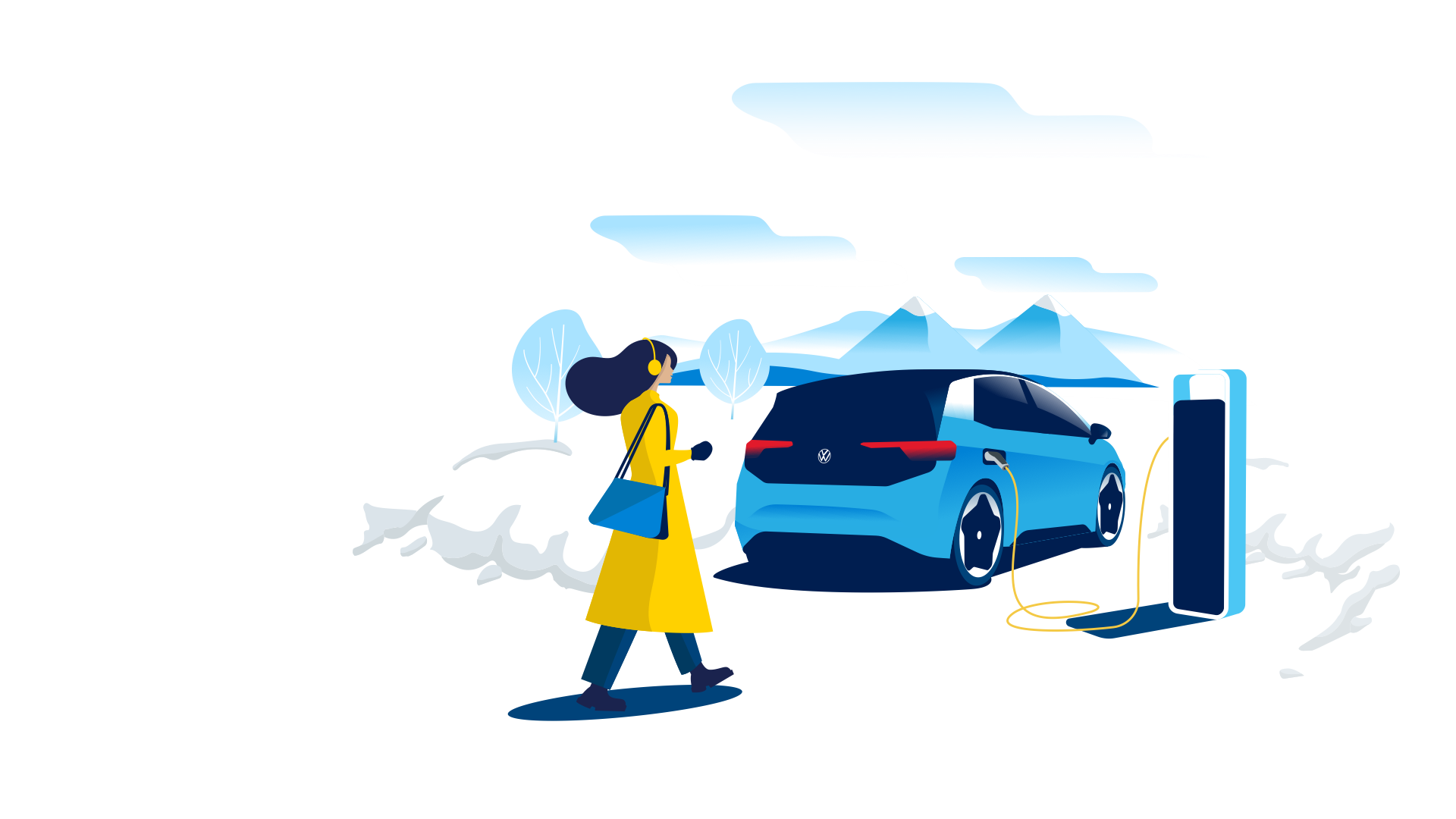 Ilustrație: O femeie se apropie prin frig de un VW ID.3 aflat la o stație de încărcare.