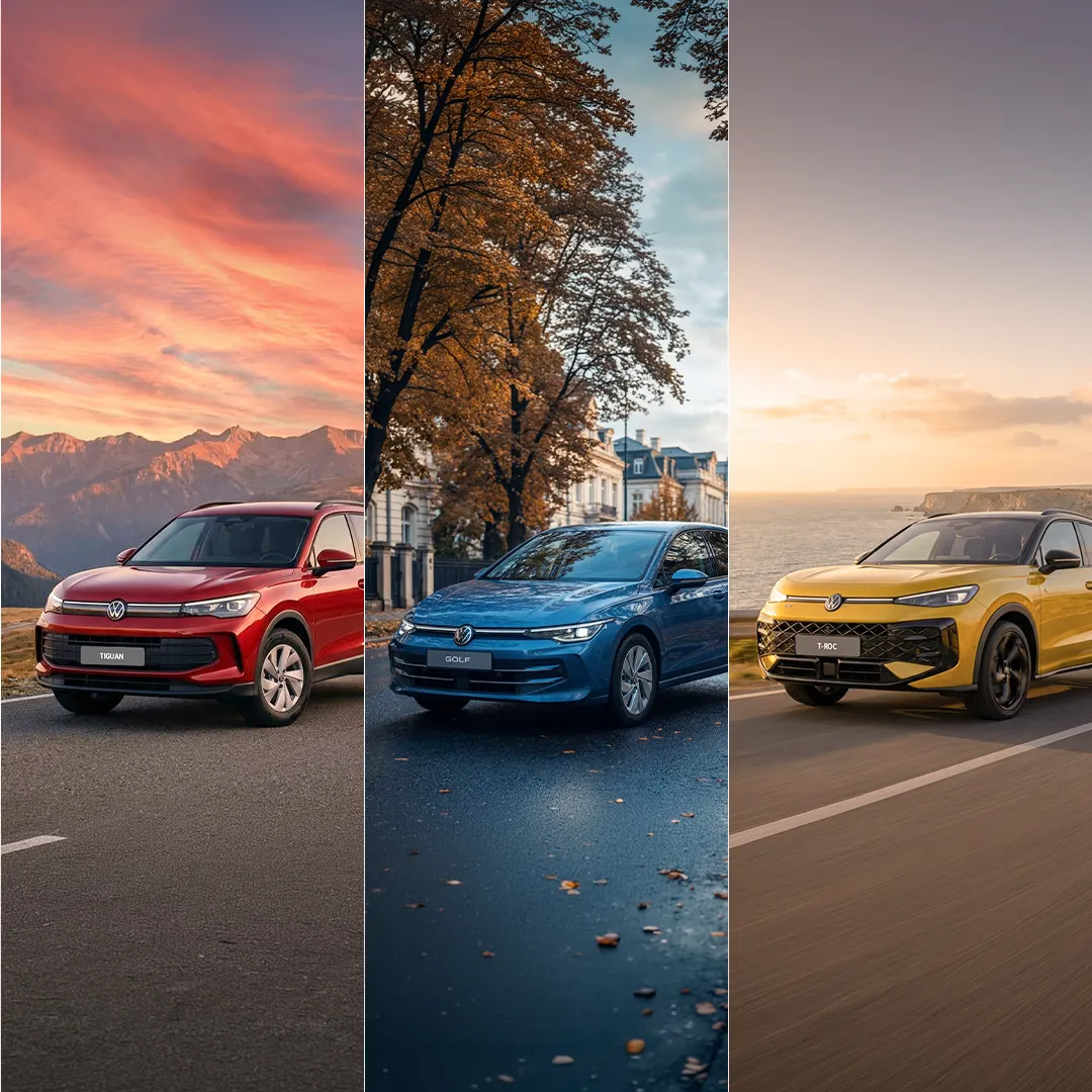 [AI-generated] – Banner Volkswagen cu modelele Tiguan, Golf și T Roc, prezentate în decoruri montane, urbane și de coastă.