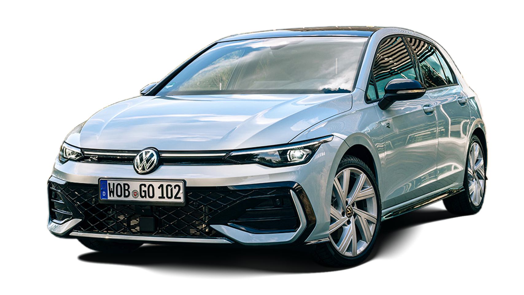 Volkswagen Golf Prime full hibrid în culoare gri, vedere din față