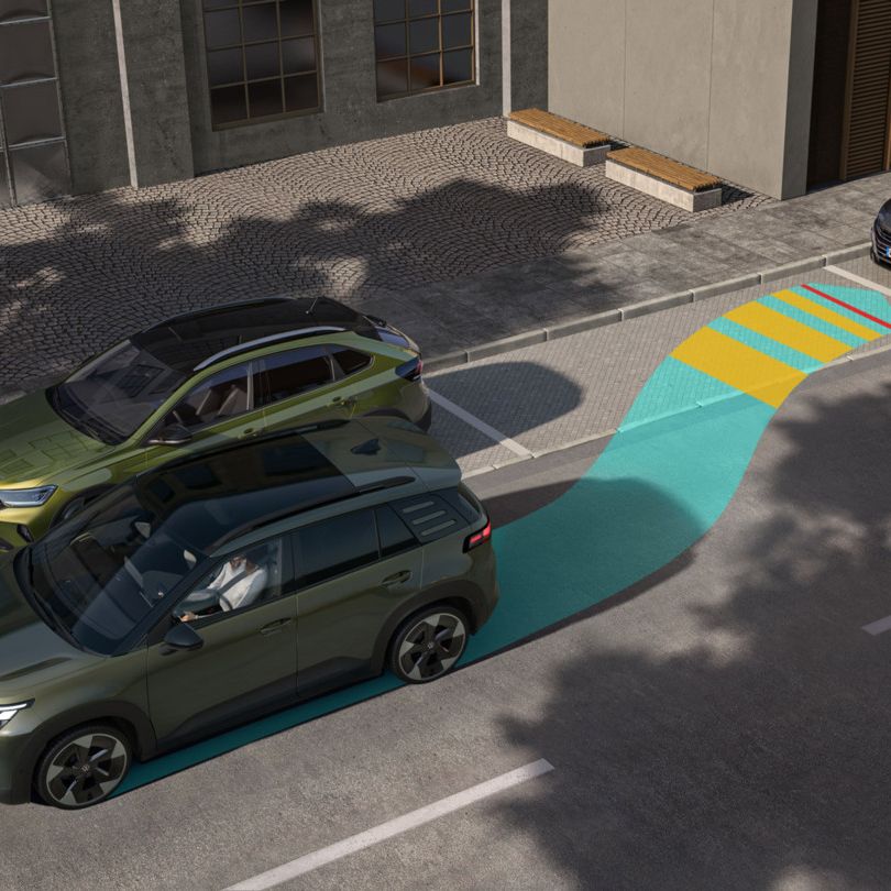 Illustration zeigt einen VW ID. Cross der mit Park Assist Plus rückwärts in eine seitliche Parklücke einparkt.