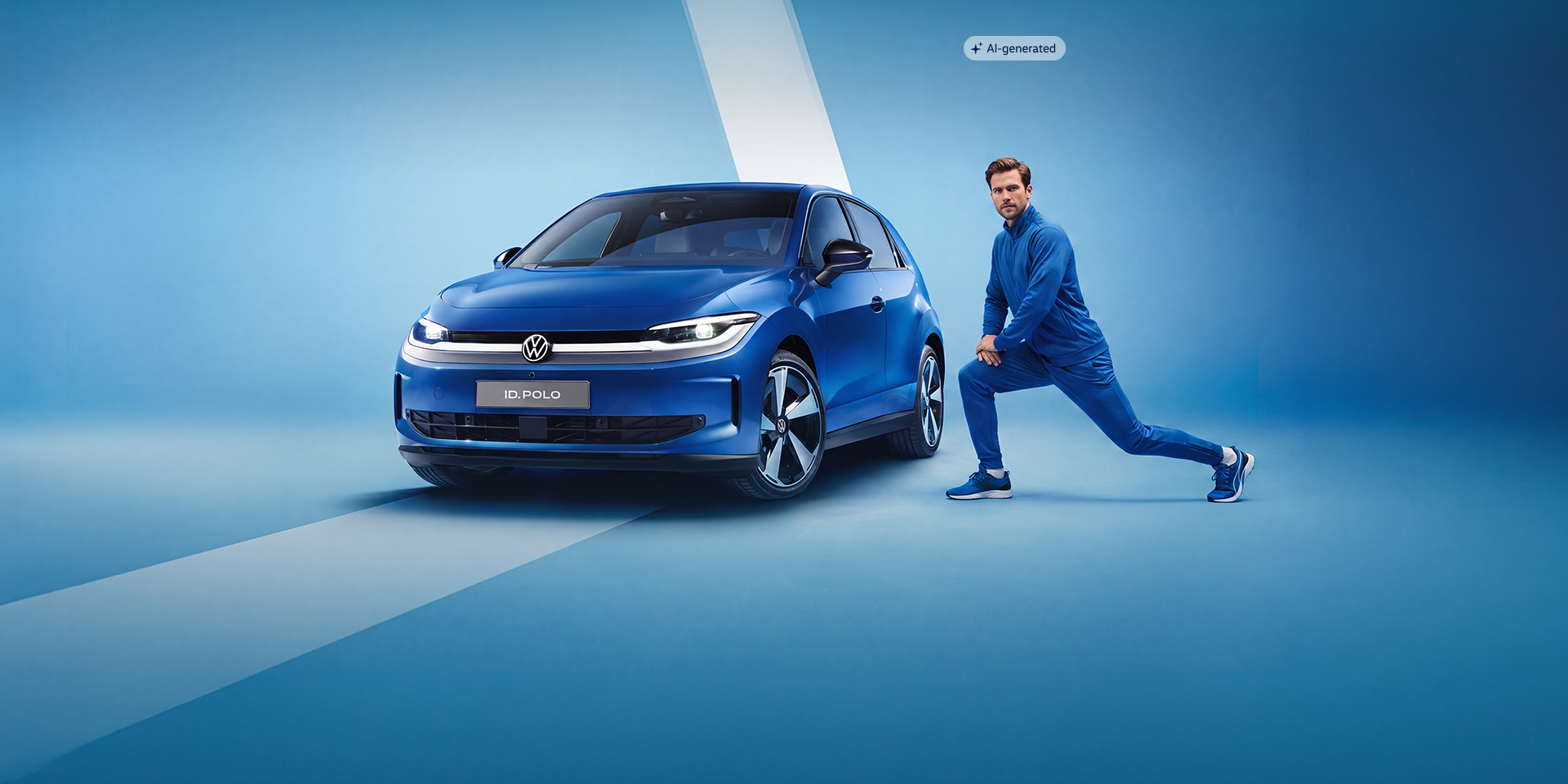 Automobil Volkswagen albastru, fotografiat din față și lateral, pe un fundal albastru. Lângă mașină, o persoană îmbrăcată în trening albastru execută o fandare. Pe partea frontală a automobilului este vizibil logo-ul Volkswagen și inscripția «ID.POLO».