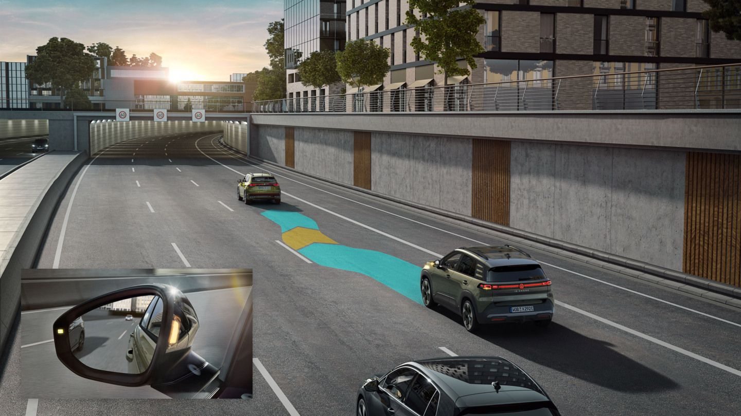 Illustration zeigt schematisch anhand eines VW ID. Cross die Funktionsweise des Side Assist.