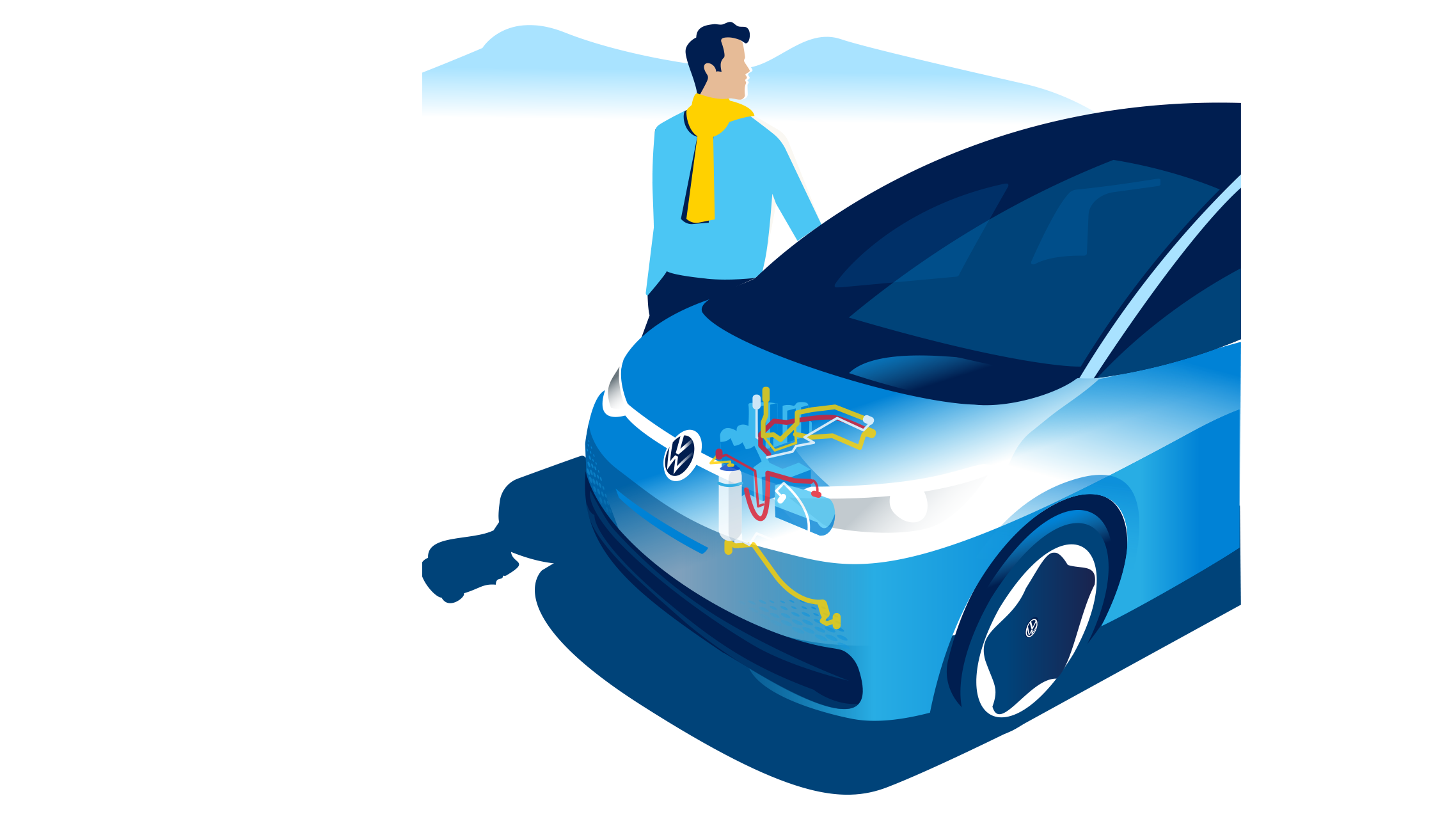 Ilustrație: Un desen schematic prezintă pompa de căldură de sub capota unui VW ID.3.