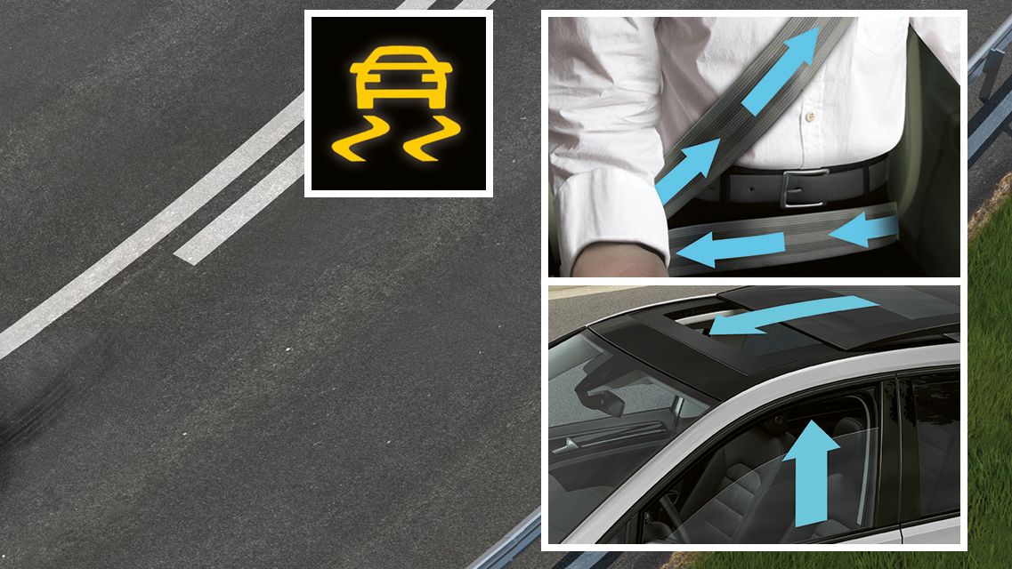 Grafische Darstellung vom VW Insassenschutz, Gurte werden gestrafft und Fenster geschlossen