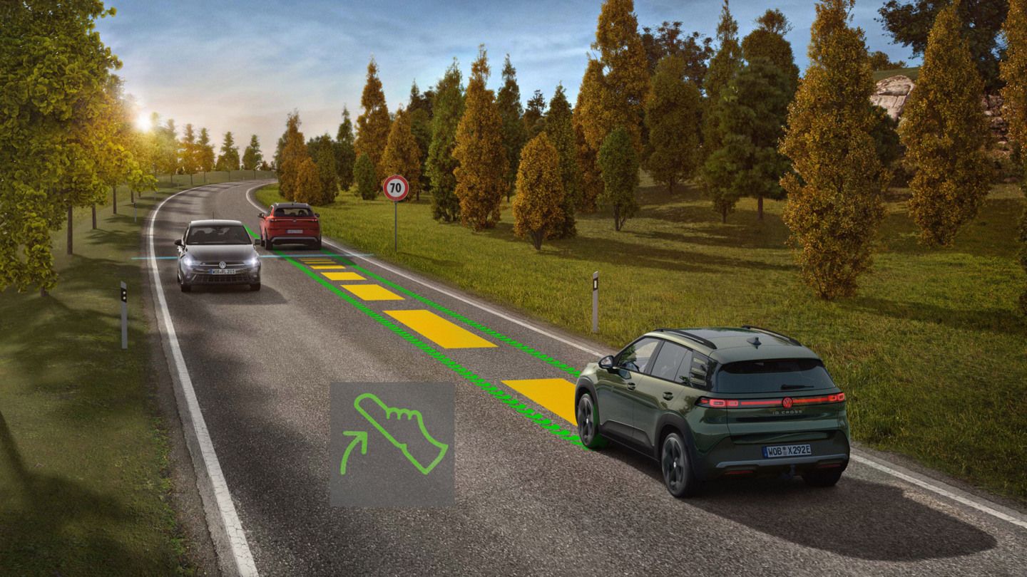 Illustration zeigt schematisch anhand eines grünen ID. Cross die Funktionsweis der Eco Assistenz.